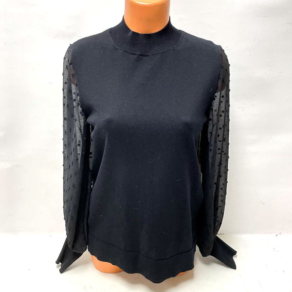 NWT CeCe Women's Sz S Rich Black Mock Neck Clip Dot Sheer Long Sleeve Sweater