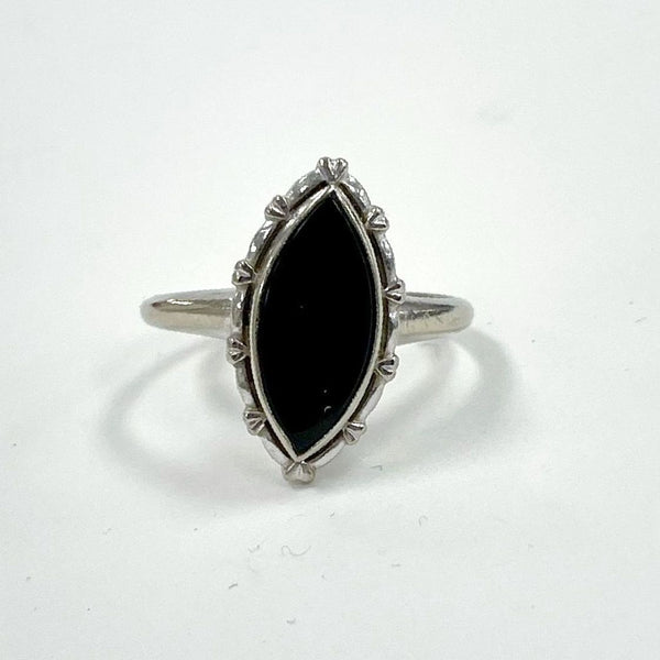 Vintage 10K White Gold & Black Onyx Cabochon Ring Size 5.5