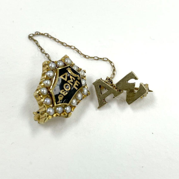 14K Yellow Gold Vintage Delta Sigma Epsilon Sorority Pin w Seed Pearls, 4.74g