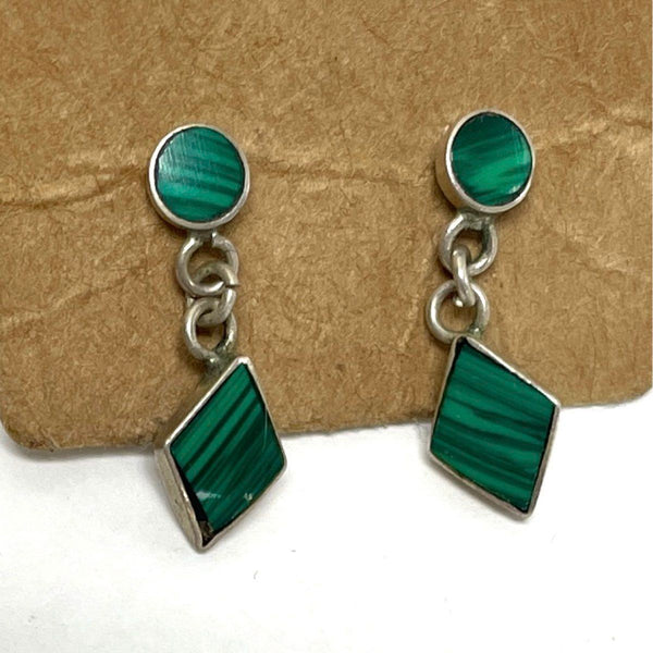 925 Sterling Silver Dainty Asymmetric Malachite Dangle Earrings 1.27 Grams