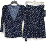 NWT Chaps Navy Blue & White Leaf Pattern Stretch Knit Blouse & Skirt Womens Sz M