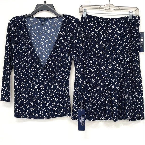 NWT Chaps Navy Blue & White Leaf Pattern Stretch Knit Blouse & Skirt Womens Sz M