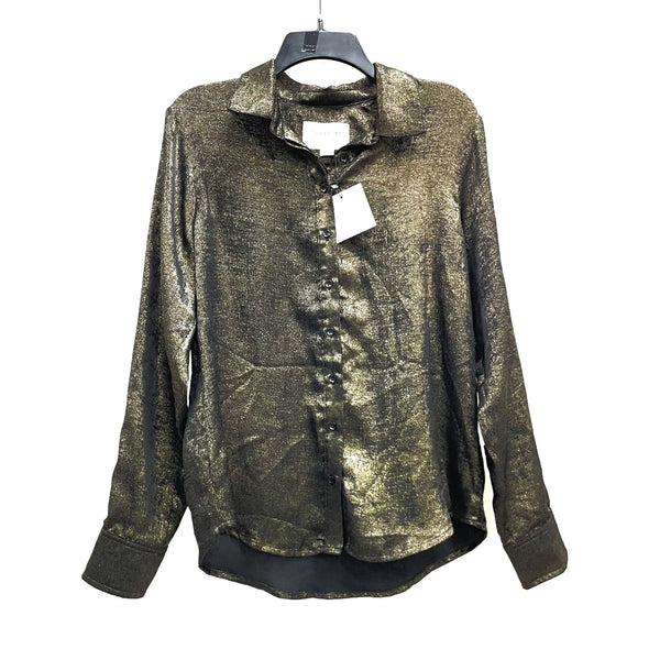 NWT Wmns ROCHELLE BEHRENS The Shirt Black Gold Shimmer Button Top Sz M MSRP$118