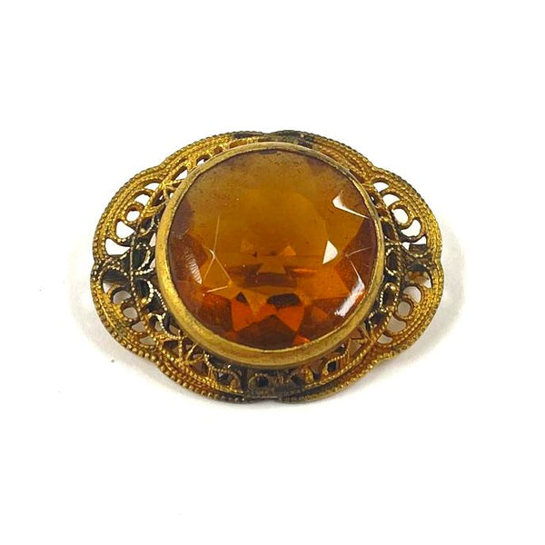 Vintage Gold Plate Glass Saw Tooth Design Bezel Set Brooch