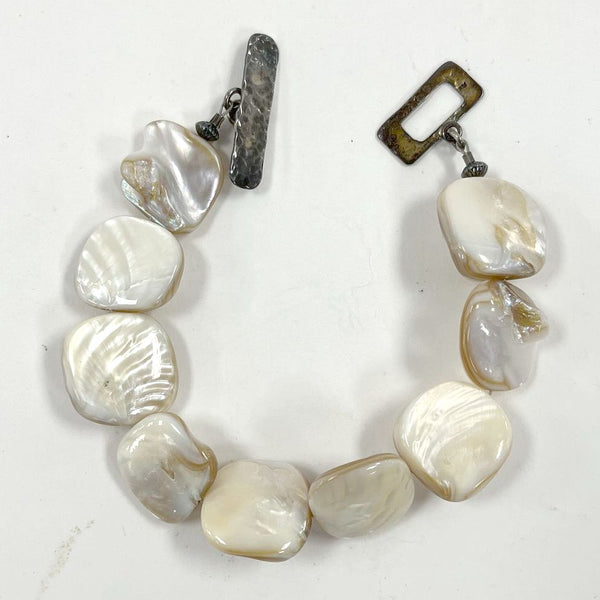 7.5" Sterling Silver Mother of Pearl Beaded Square Nugget Bracelet 28.45 grams