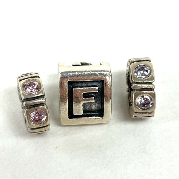 3pc Pandora Sterling Silver Slide Charms, F Initial & Spacers, 5.93g