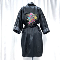 Wmns Gray & Black Reversible Embroidered Japanese Kimono Style Satin Robe Sz M