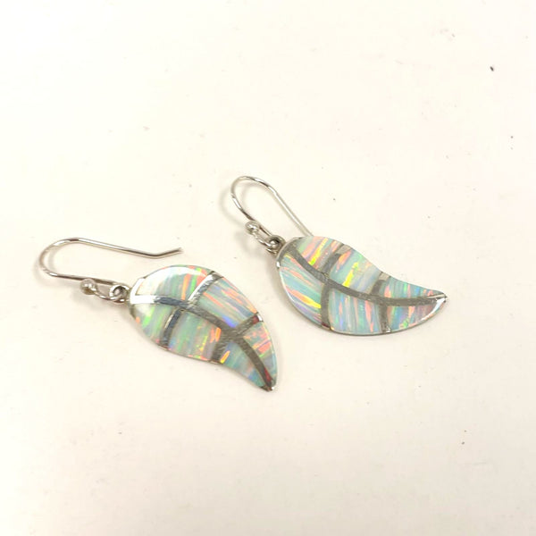 38.4mm Silver Southwestern Style Flat Opal Mosaic Leaf Dangle Earrings 3.42g