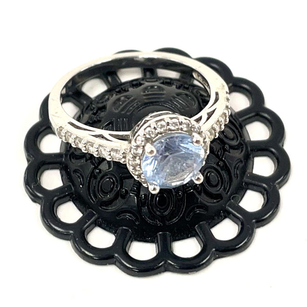 Sterling Silver Sz. 10 Cathedral-Style Blue Topaz CZ Halo Ring, 3.30g