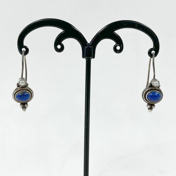 Sterling Silver Southwest Lapis & Pearl Accent Drop Earrings, 4.80g