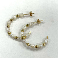 14K Yellow Gold Genuine Pearl & Beaded Half Hoop Post Earrings, 1.79g