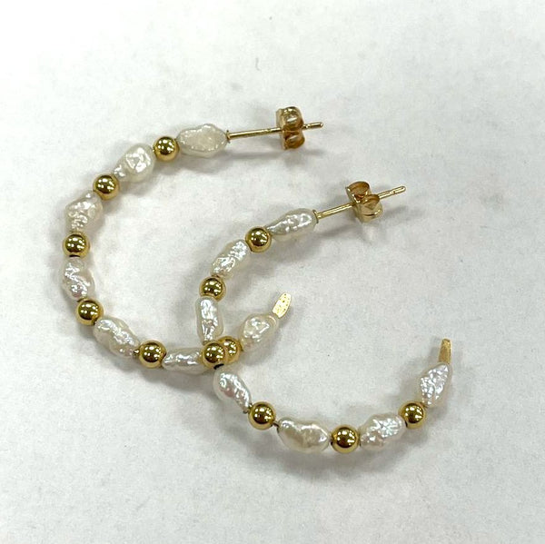 14K Yellow Gold Genuine Pearl & Beaded Half Hoop Post Earrings, 1.79g