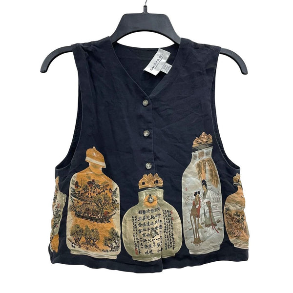 Wmns 90s Vintage EMANUEL UNSARO 100% Silk Asian Chinese Novelty Crop Vest Sz 2