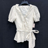 NWT Wmns LAUREN CONRAD White Polka Dot Short Puff Sleeve Ruffle Wrap Blouse Sz S