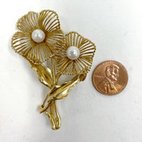 14K Yellow Gold & Cultured Pearl Double Flower Pin Brooch 2.5" x 1.5" 13.32g