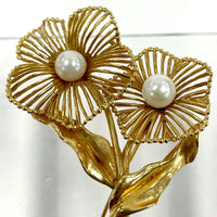 14K Yellow Gold & Cultured Pearl Double Flower Pin Brooch 2.5" x 1.5" 13.32g