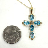 18" 14K Yellow Gold Stunning Blue Topaz & CZ Accent Cross Pendant Necklace, 2.3g