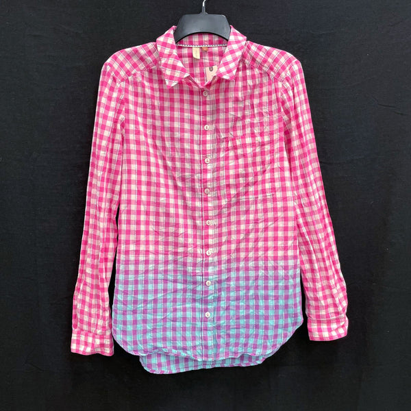 NWT Wmns PILCRO Anthropologie Pink Blue Gingham Long Sleeve Button Up Shirt Sz S