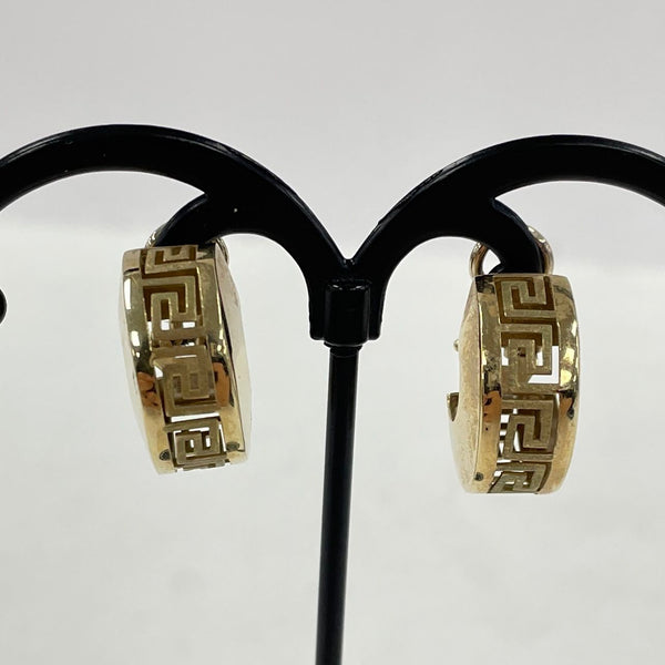 20mm 10K Yellow Gold Greek Key Openwork Design Omega Back Hoop Earrings 6.62g