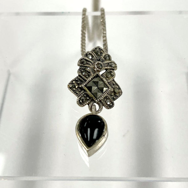 925 Sterling Silver Vintage Style Marcasite And Onyx Pendant With 16 Inch Chain