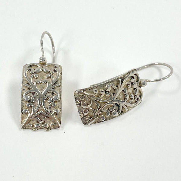 Sterling Silver Rectangular Raised Scrollwork Details French Hook Earrings 4.52g