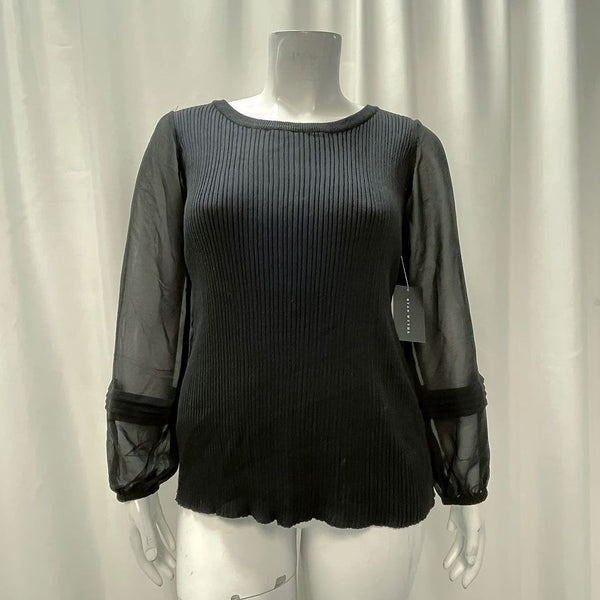 NWT Women's Ryan Wythe Black Sheer Puff Sleeve Ribbed Sweater Top Size 1X