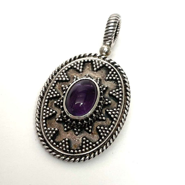 Sterling Silver Beautiful Amethyst & Bali Bead Detailed Oval Pendant, 20.82g