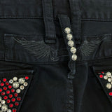 Mens ROBIN'S JEAN Black Embellished Red Rhinestone Studded Flap Moto Jeans Sz 44