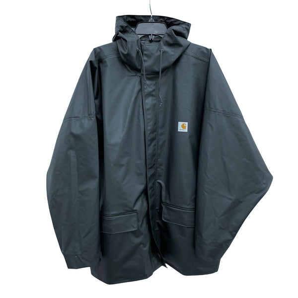 Mens CARHARTT Black Hooded Waterproof Snap Up Rain Coat Jacket 62"