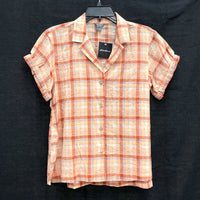 NWT Wmns EDDIE BAUER Peach Plaid Short Sleeve Light Button Up Shirt Sz S MSRP$60