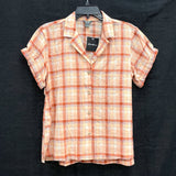 NWT Wmns EDDIE BAUER Peach Plaid Short Sleeve Light Button Up Shirt Sz S MSRP$60