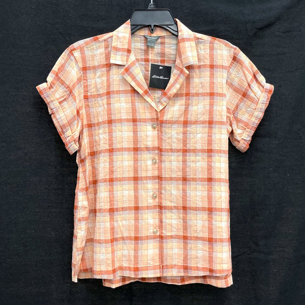 NWT Wmns EDDIE BAUER Peach Plaid Short Sleeve Light Button Up Shirt Sz S MSRP$60