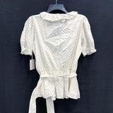 NWT Wmns LAUREN CONRAD White Polka Dot Short Puff Sleeve Ruffle Wrap Blouse Sz S