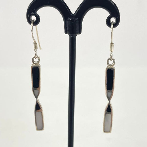 Sterling Silver Black Onyx & Mother of Pearl Inlay Dangle Earrings, 3.58g