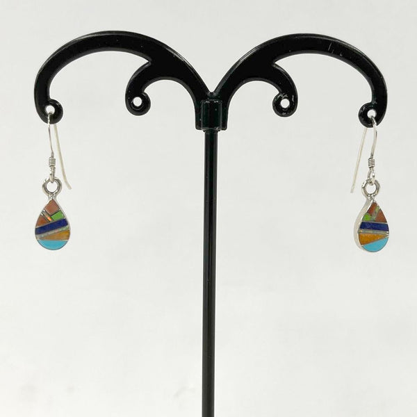 Sterling Silver Multi-Gemstone Inlay Dangle Earrings, Bill Willie Navajo, 1.41g