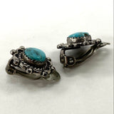 925 Sterling Silver Filigree Bezel Set Turquoise Clip Back Earrings 4.33 Grams