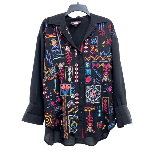 Wmns JOHNNY WAS Workshop 100% Silk Black Embroidered Button up Shirt Blouse Sz S