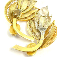 14K Yellow Gold Filigree Leaf Post Earrings with Onyx Accents, 4.96g