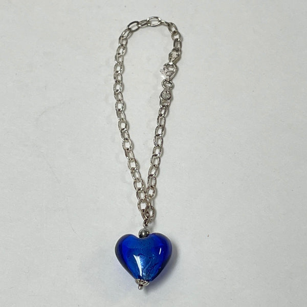 925 Sterling Silver Bracelet With Art Glass Blue Heart Charm 7.36 Gram