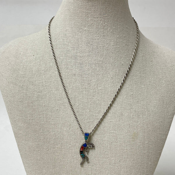 18" Sterling Silver Multi-stone Inlay Kokopelli Pendant Necklace, 13.58g!!