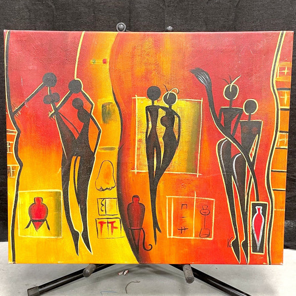 African Style Oil Painting With Hanging Hardware Signed on Back by Artist 20x24"