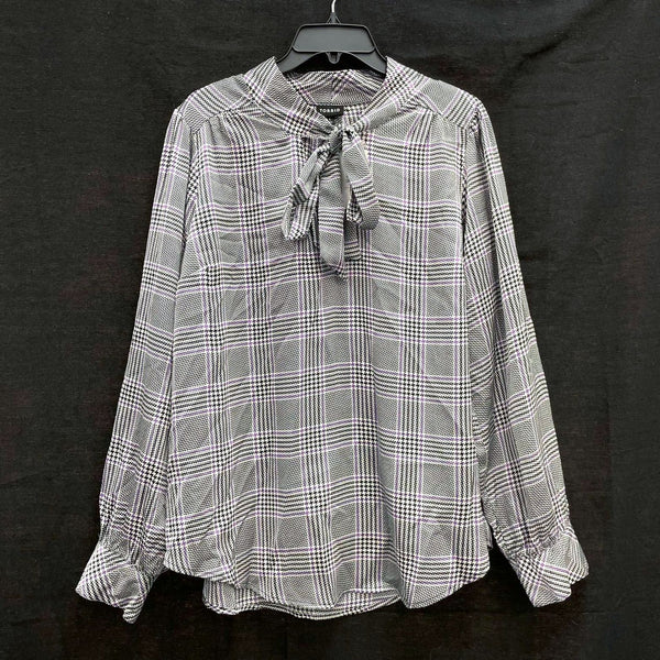 NWT Wmns TORRID Purple Black Plaid Pussy Bow Long Puff Sleeve Satin Blouse Sz 1X