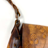 Handmade Tooled Brown Leather Mexican Saddle Flap Purse with Metal Turn Lock