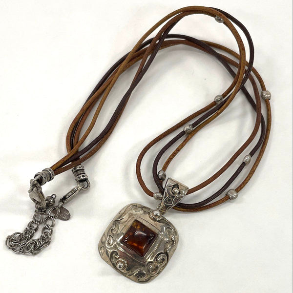 SILPADA Sterling 925 Genuine Amber Oxidized Pendant 3 Strand Leather Necklace