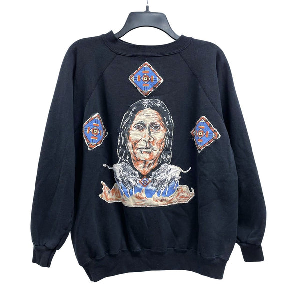 Wmns 90s Vintage HANES Native American 3D Print Black Graphic Sweatshirt Sz XL