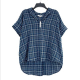 NWT Wmns MADEWELL Blue Plaid Loose Fit Collared Short Sleeve Top Sz M MSRP$78