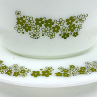 Vintage Pyrex Green Spring Blossom/Crazy Daisy Gravy Boat with Drip Plate Set