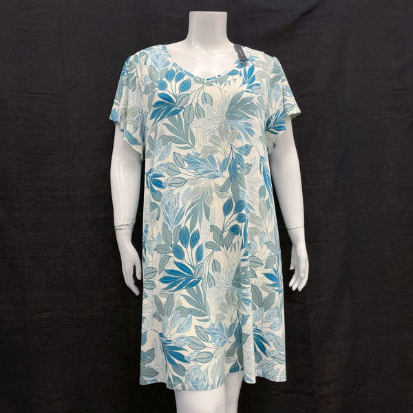 NWT Wmns TAHARI Blue & Cream Leaf Print Comfy Casual Short Sleeve Dress Sz 3X