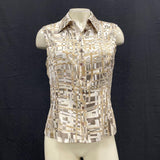 Wmns ST. JOHN Silk Tan Abstract Print Button Up Sleeveless Shirt Tank Top Sz 6