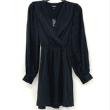 NWT Express Black Satin Waist Tie Long Sleeve Faux Wrap Dress Women’s Sz XS